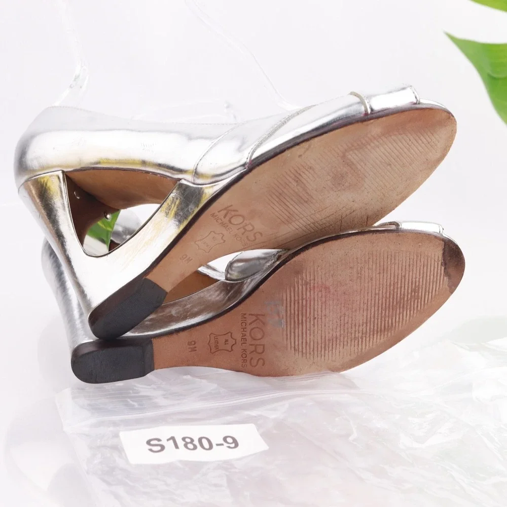 Michael Kors Shoes Womens Pumps Size 9 Silver Leather Open Wedge Peep Toe Cutout